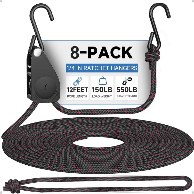 Fondwell 1/4" Retractable Ratchet Straps: 8-Pack Rope Hangers with Protective Soft Loops - Secure Tie Down Ratcheting for Transport - Image 1